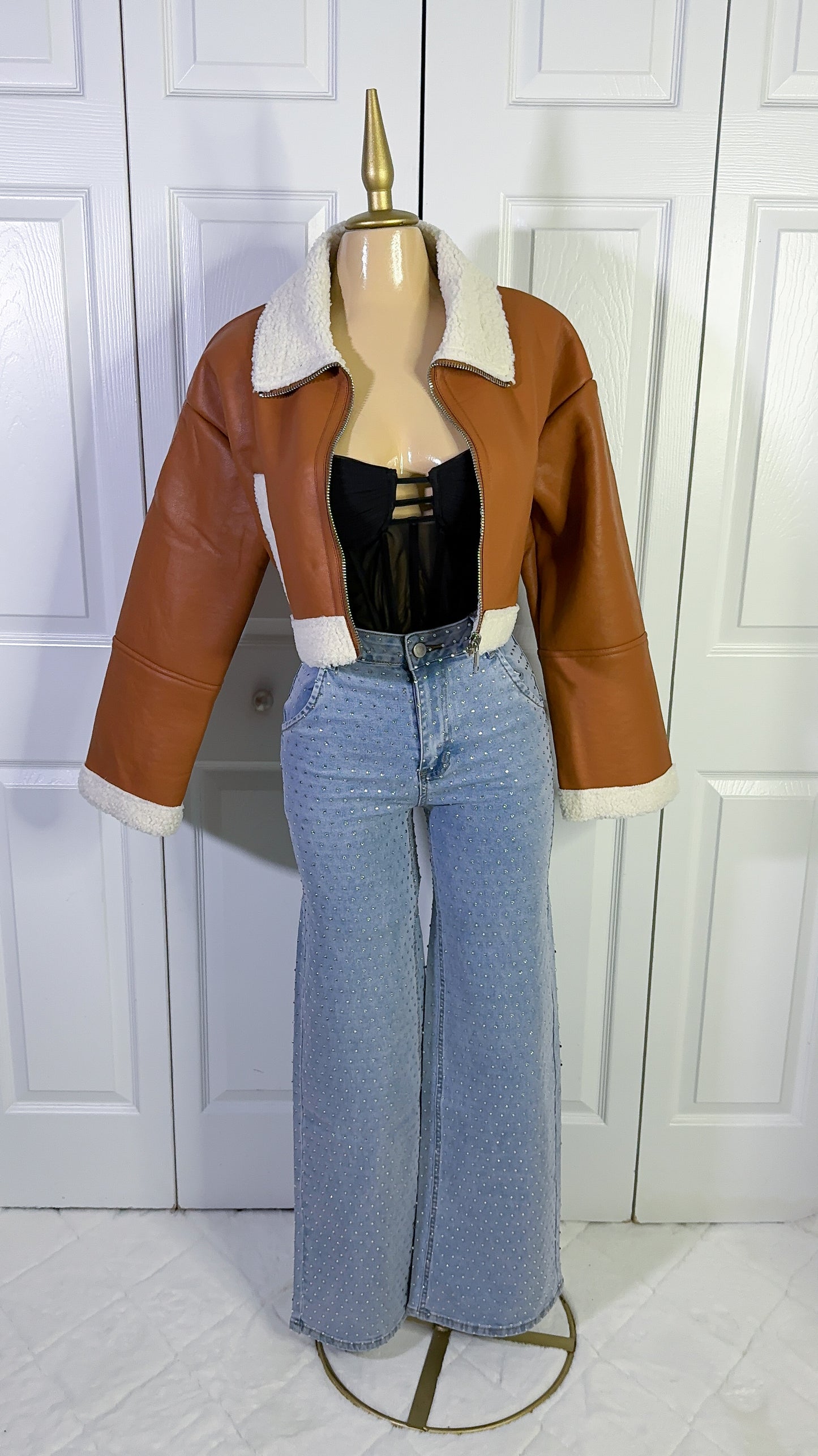 Nathalie Leather Cropped Jacket - Brown