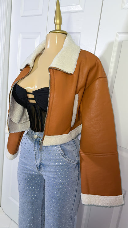 Nathalie Leather Cropped Jacket - Brown