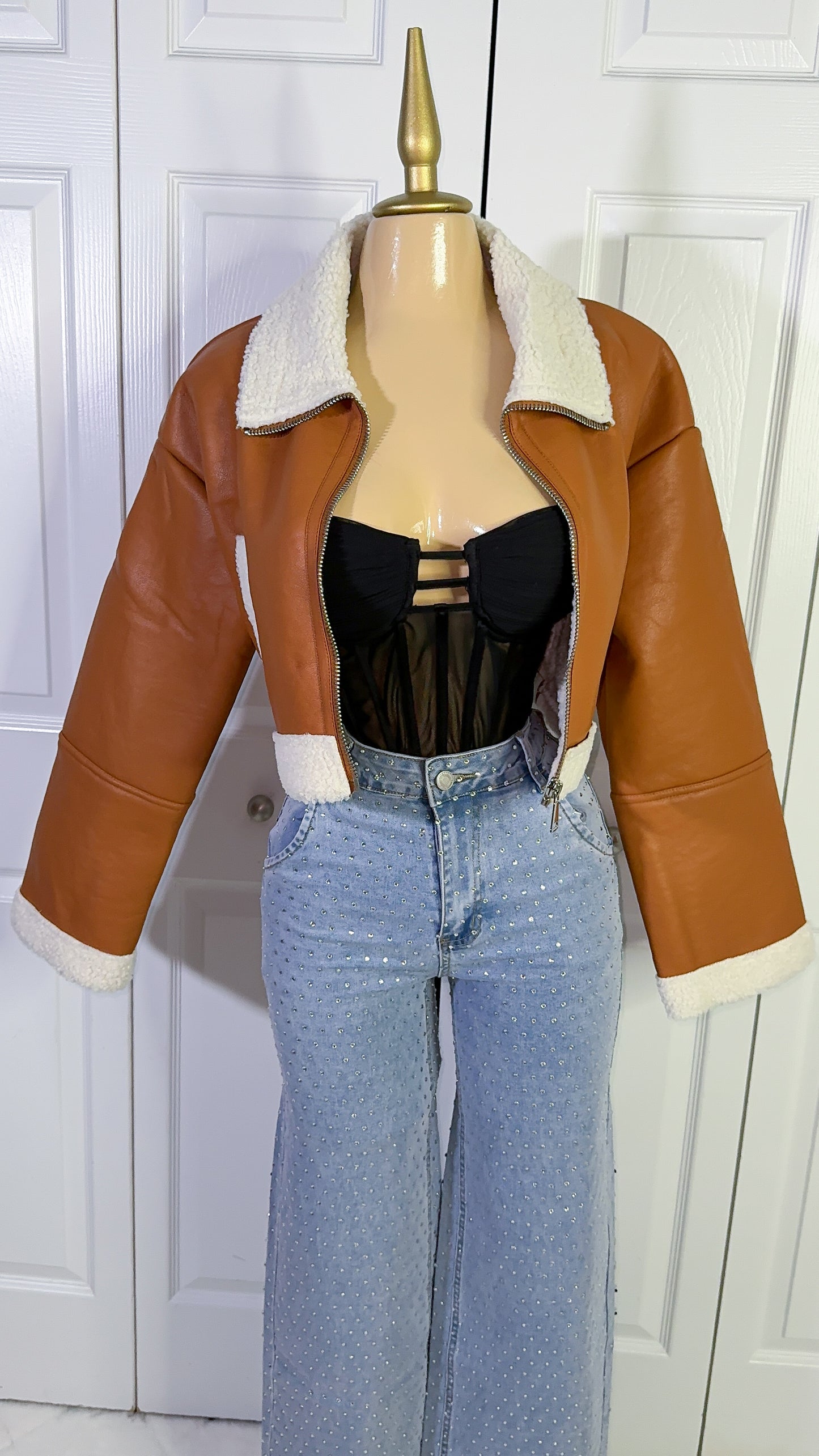 Nathalie Leather Cropped Jacket - Brown