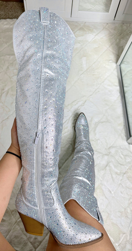 Anahi Over Knee Rhinestone Boots - Silver