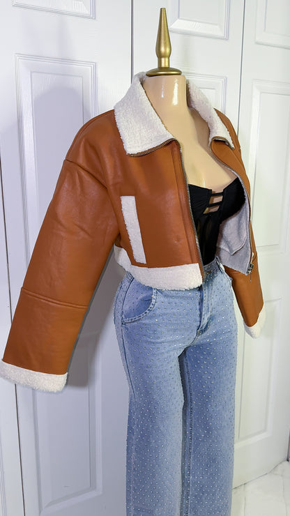 Nathalie Leather Cropped Jacket - Brown