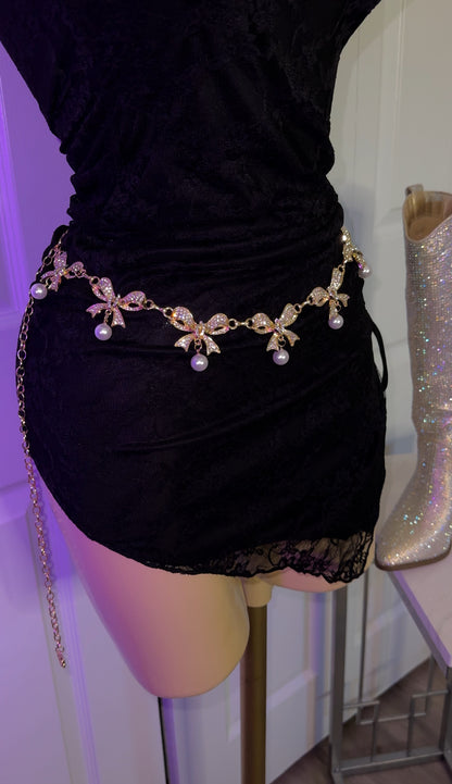 Bow Rhinestone / Pearl Chain Belt - Gold