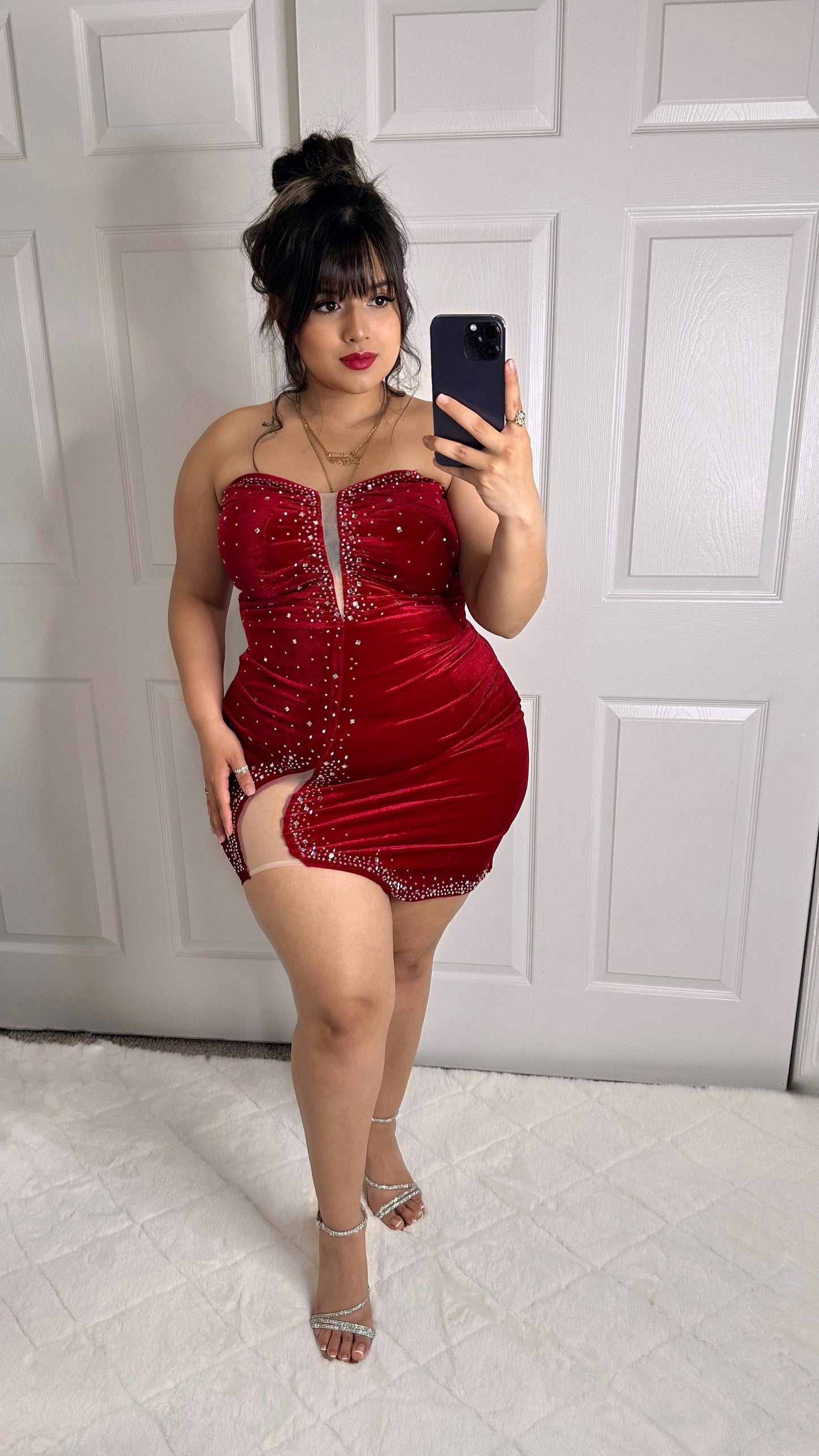 Ruby Velvet Rhinestone Dress - Red (Plus Size Available)