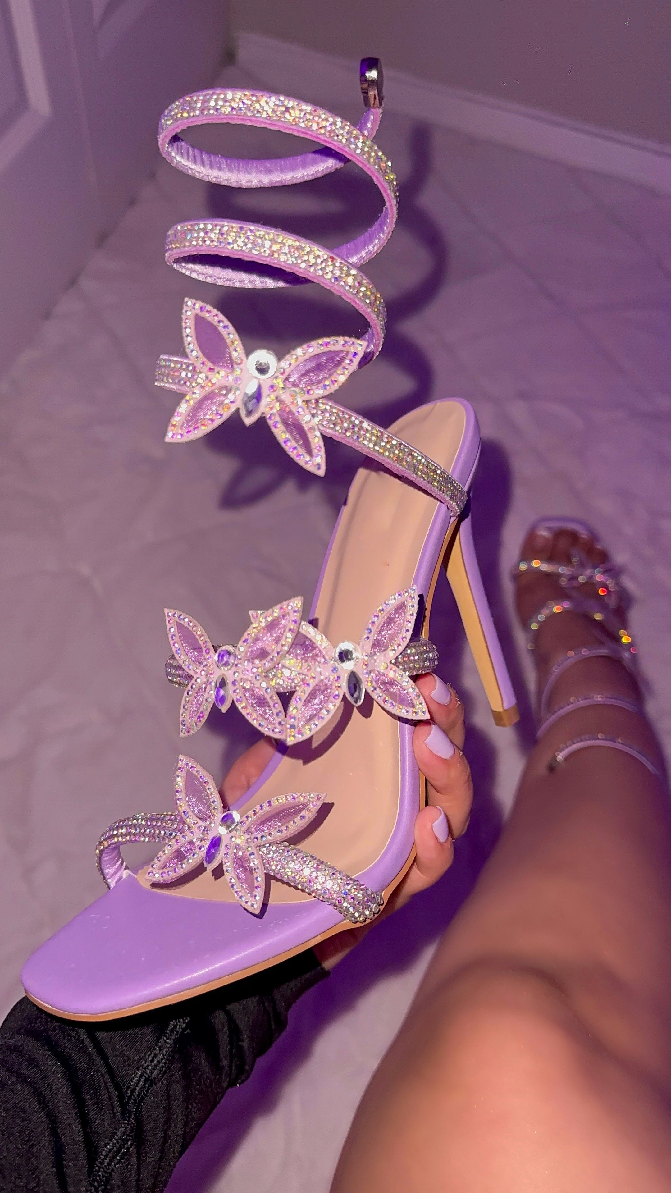 Purple shops heels with butterflies