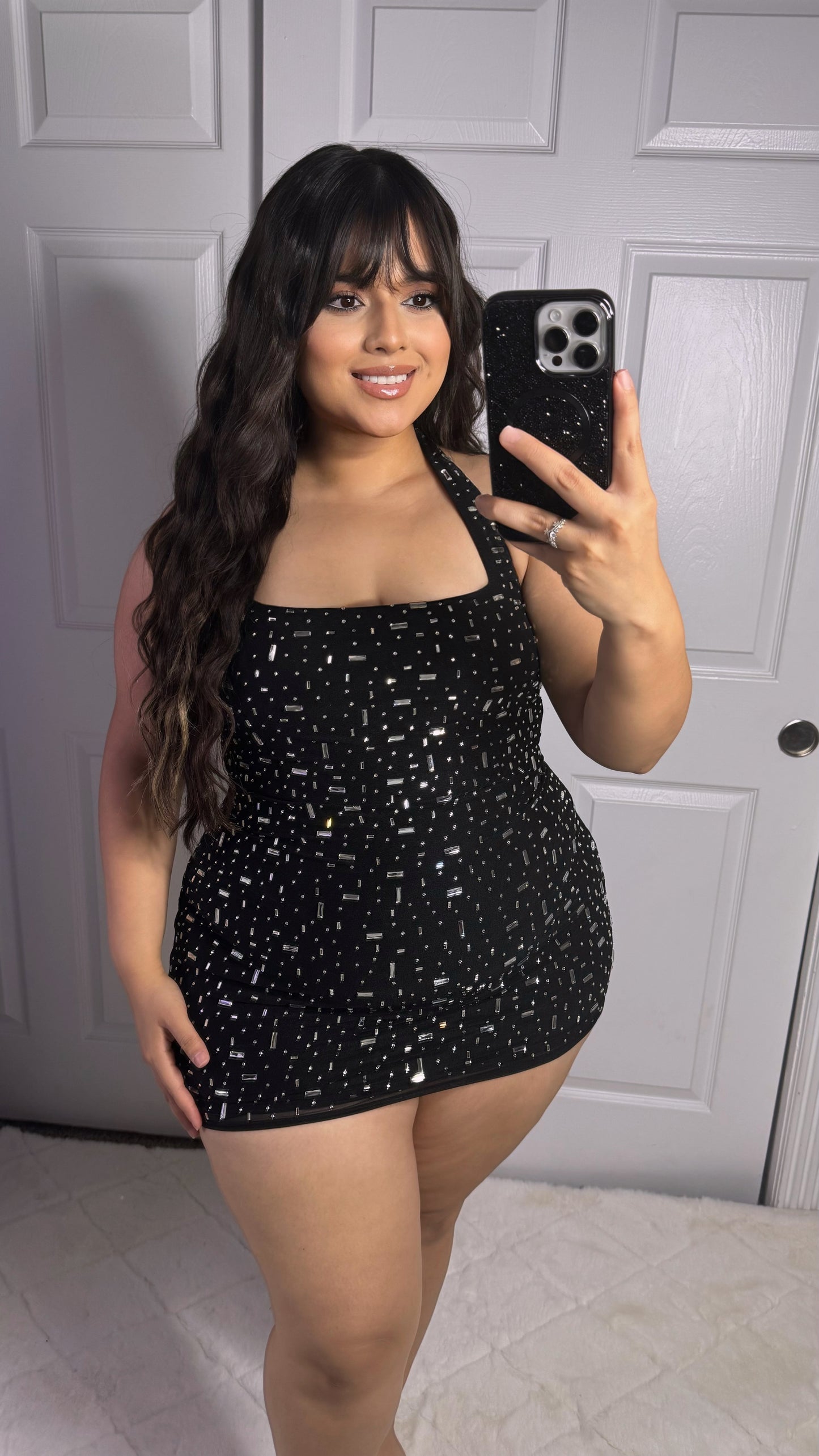 Catherine Rhinestone Bodycon Dress - Black