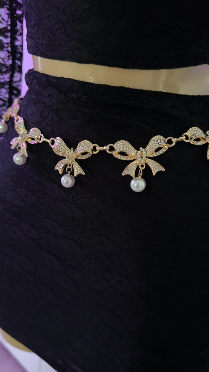 Bow Rhinestone / Pearl Chain Belt - Gold