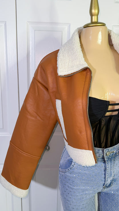 Nathalie Leather Cropped Jacket - Brown