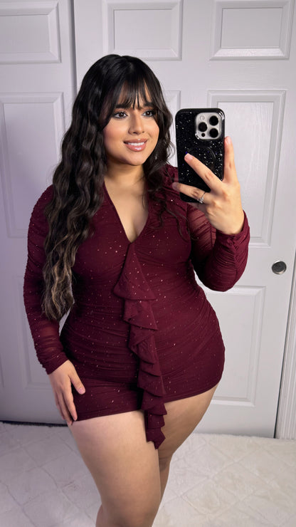 Selena Rhinestone Ruched Dress - Maroon