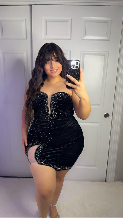 Ruby Velvet Rhinestone Dress - Black (Plus Size Available)