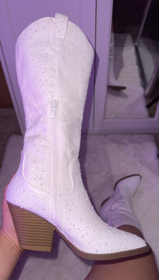 Anahi Rhinestone Western Boots - White